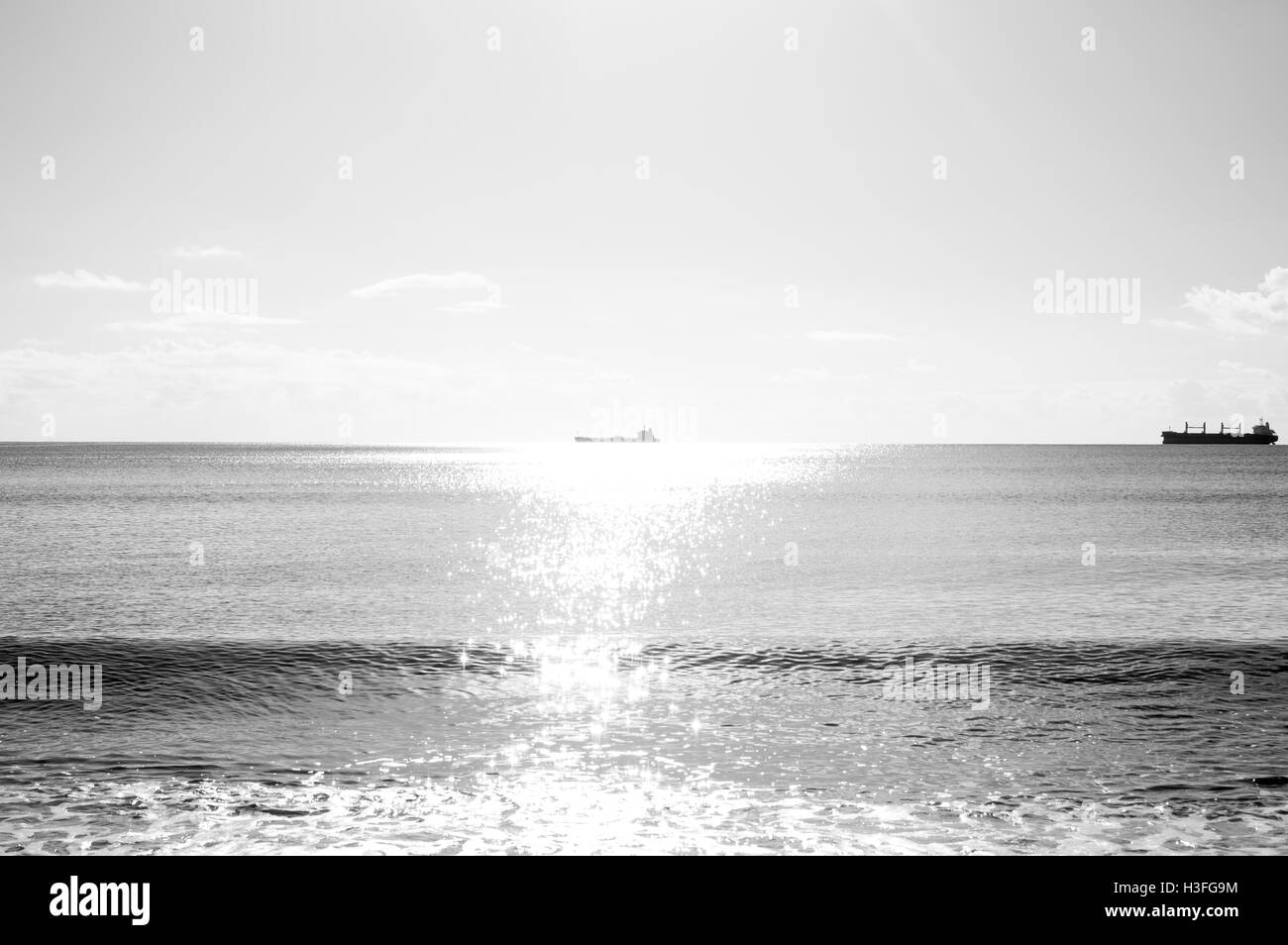 Due navi merci all'orizzonte, uno bagnato dal sole Foto Stock