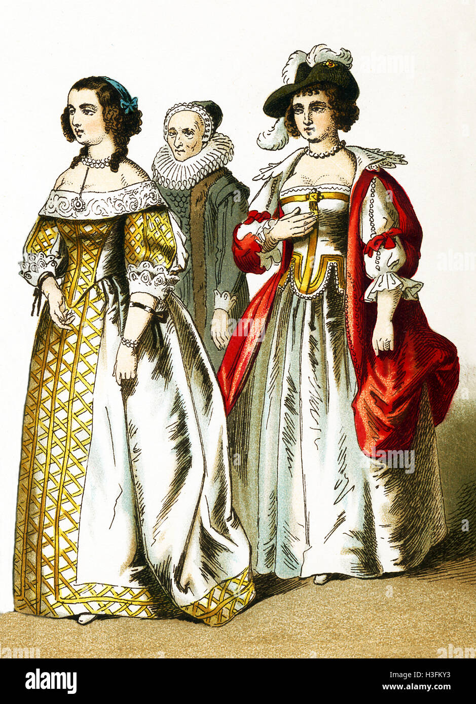 Le figure qui illustrate sono donne di varie classi nei Paesi Bassi nel 1600. L'illustrazione risale al 1882. Foto Stock
