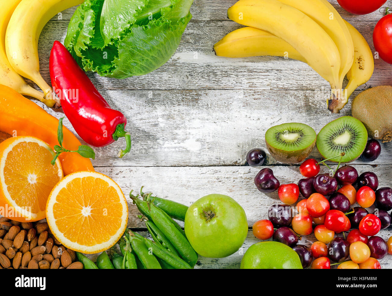 Alimenti fonte di vitamina C. il mangiare sano. Lay piatto Foto Stock