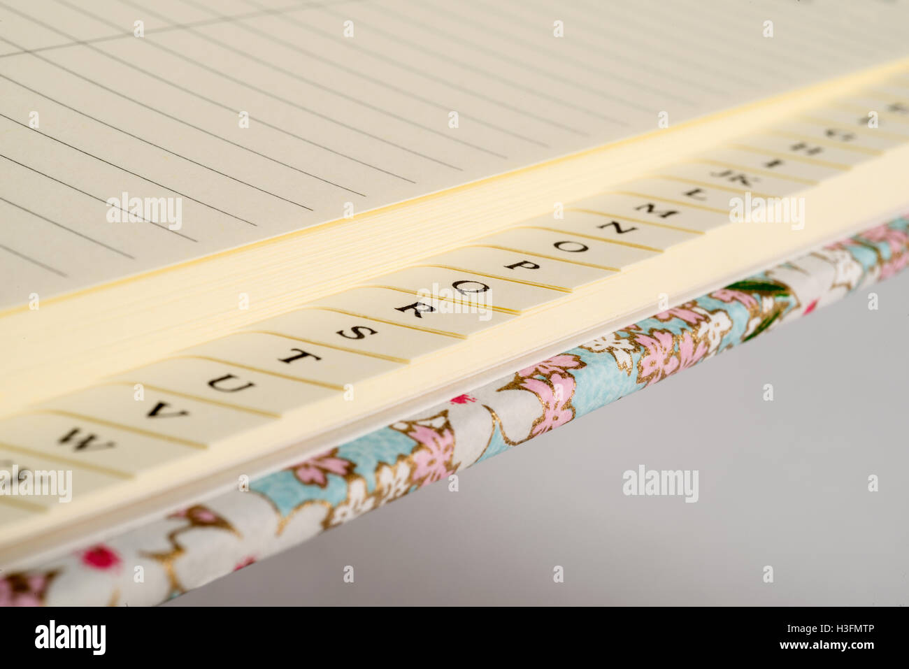 Primo piano del tab index di un fustellato a rubrica indirizzi. Foto Stock