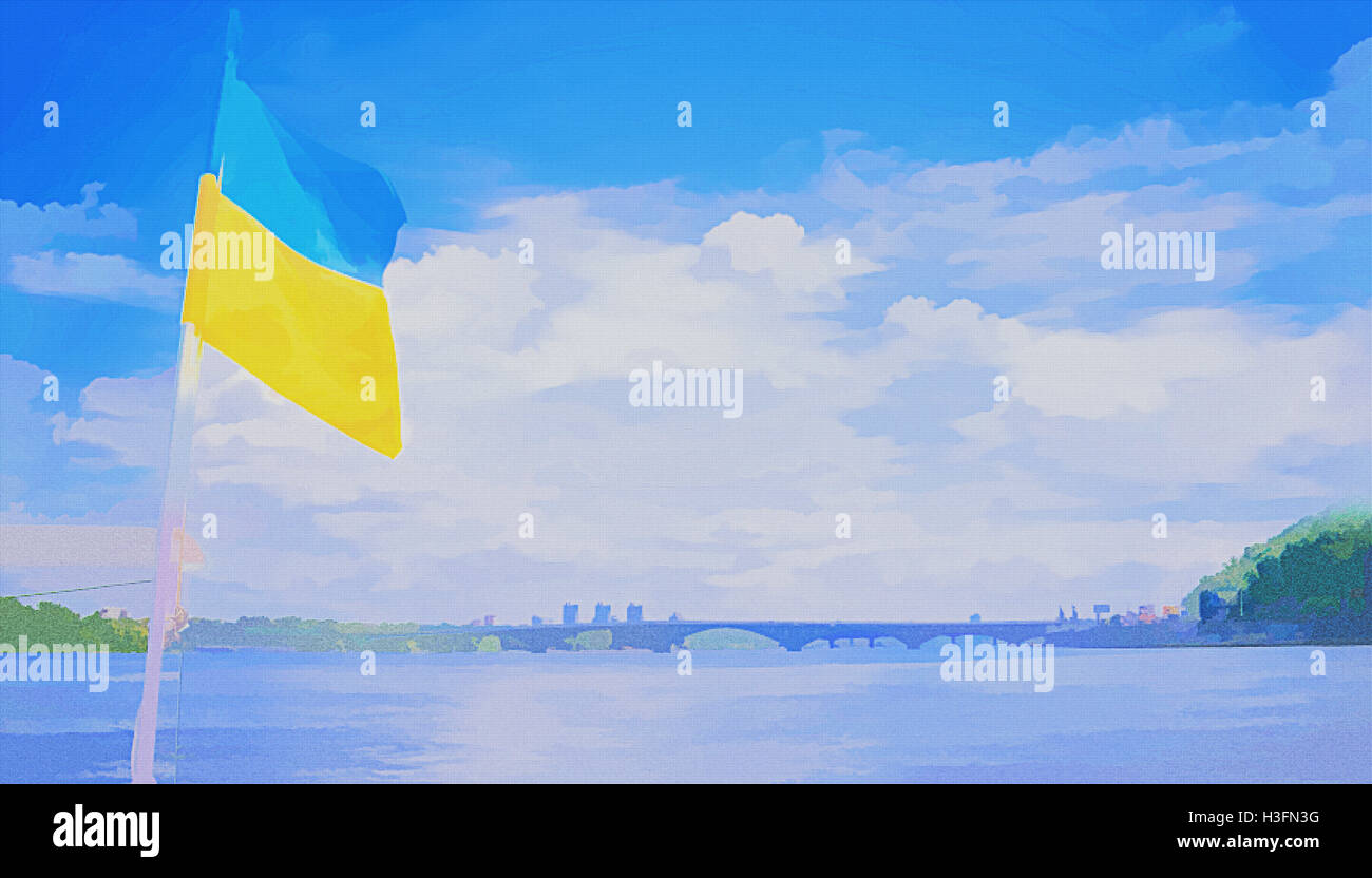 Bandiera ucraino sul fiume Dnipro a Kiev Foto Stock
