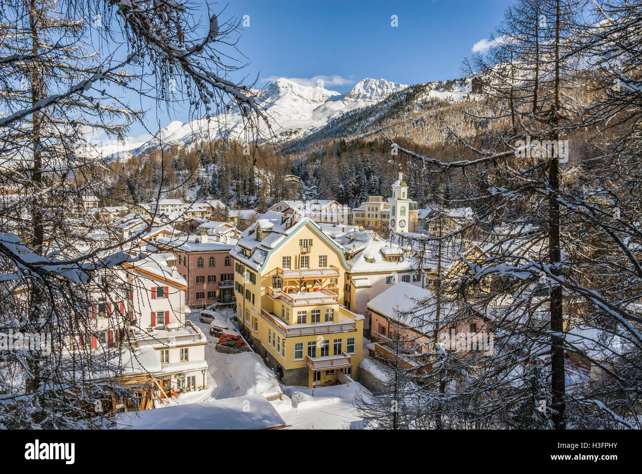 Paesaggio invernale a Sils-Maria, Engadina, Svizzera Foto Stock