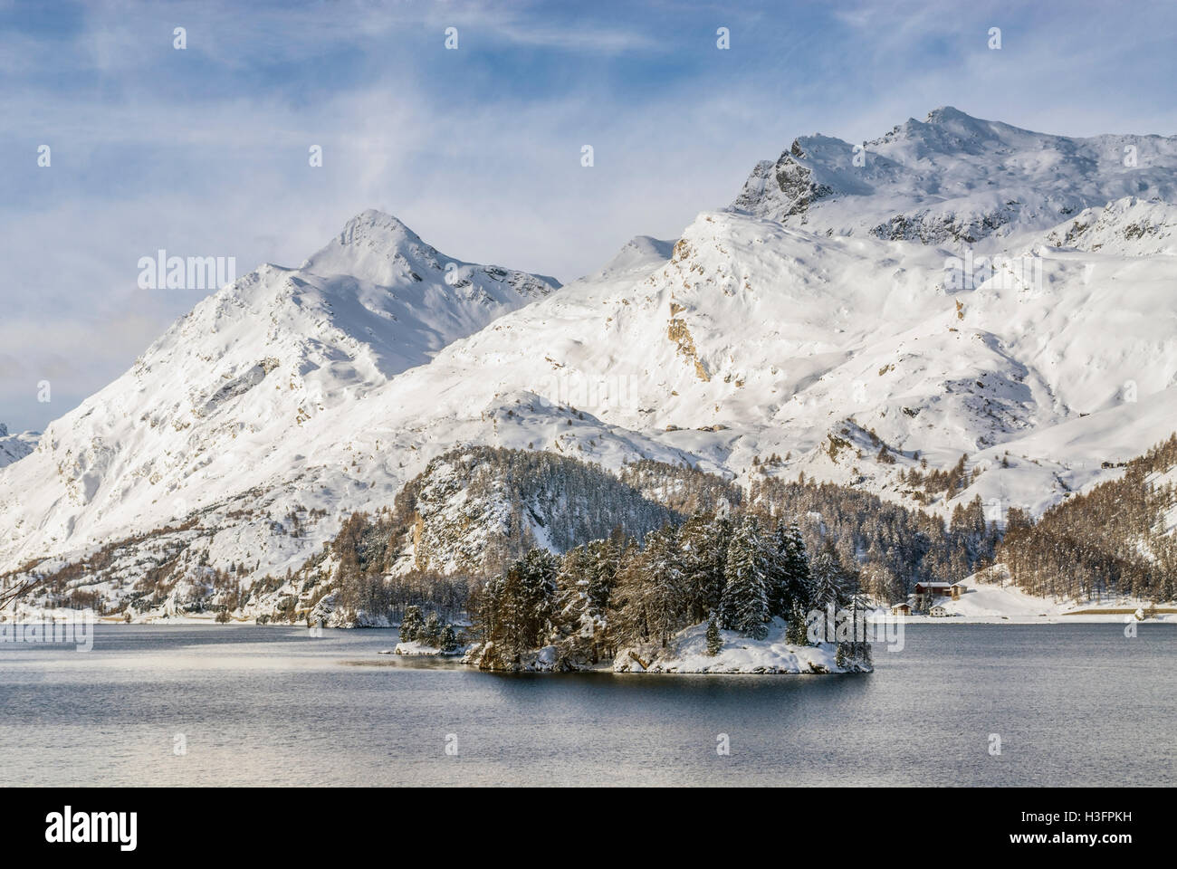 Paesaggio invernale, Lago di Sils, Sils Maria, Engadina, Svizzera Foto Stock