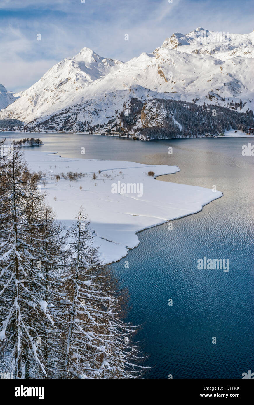 Paesaggio invernale, Lago di Sils, Sils Maria, Engadina, Svizzera Foto Stock