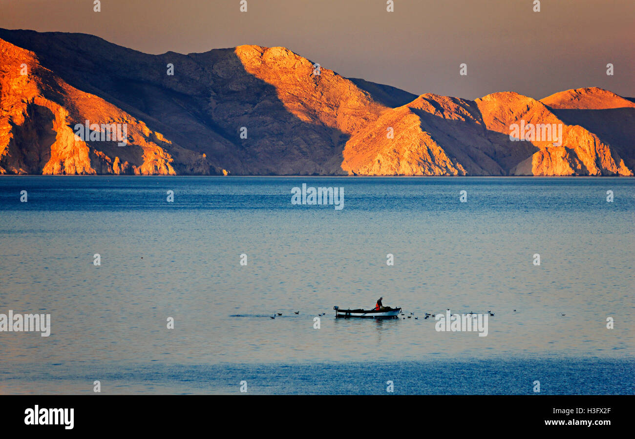 La pesca nel sunrise. Isola di Krk sul retro. Foto Stock