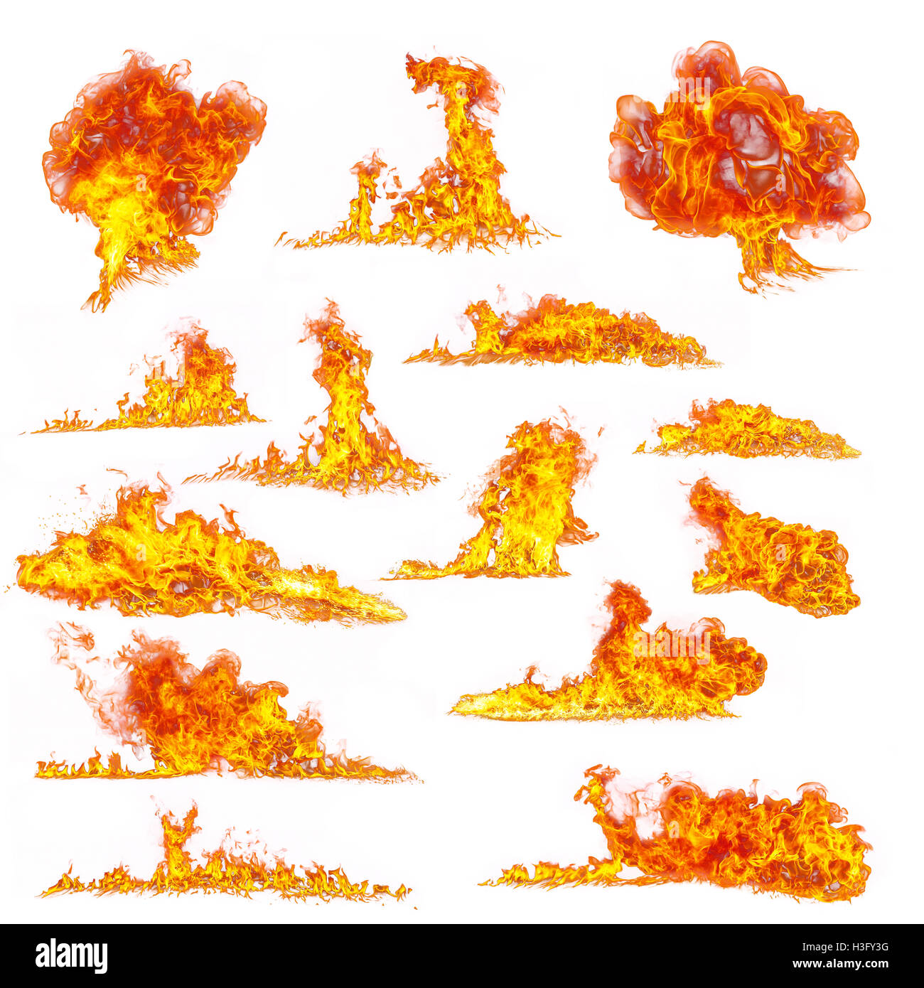 Set di vario genere di fiamme, isolati su sfondo bianco ad alta risoluzione Foto Stock