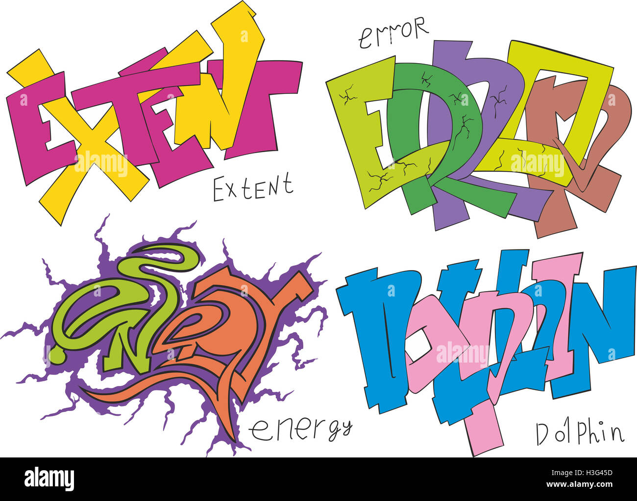 Set di quattro bozzetti graffiti - misura, errore, energia e Dolphin Foto Stock