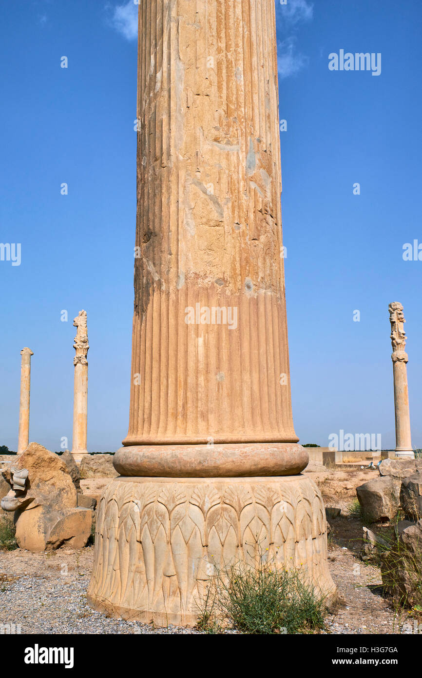 Iran, far Provincia, Persepolis, Patrimonio Mondiale dell'UNESCO, pilastri della Apadane palace Foto Stock