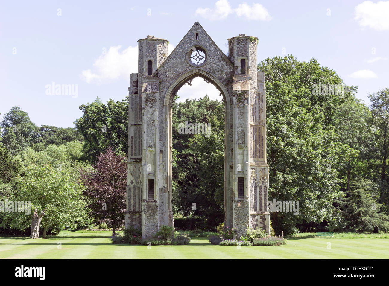 La rovina del cavaliere del gate, Walsingham Abbey, Little Walsingham, Norfolk, Inghilterra, Regno Unito Foto Stock