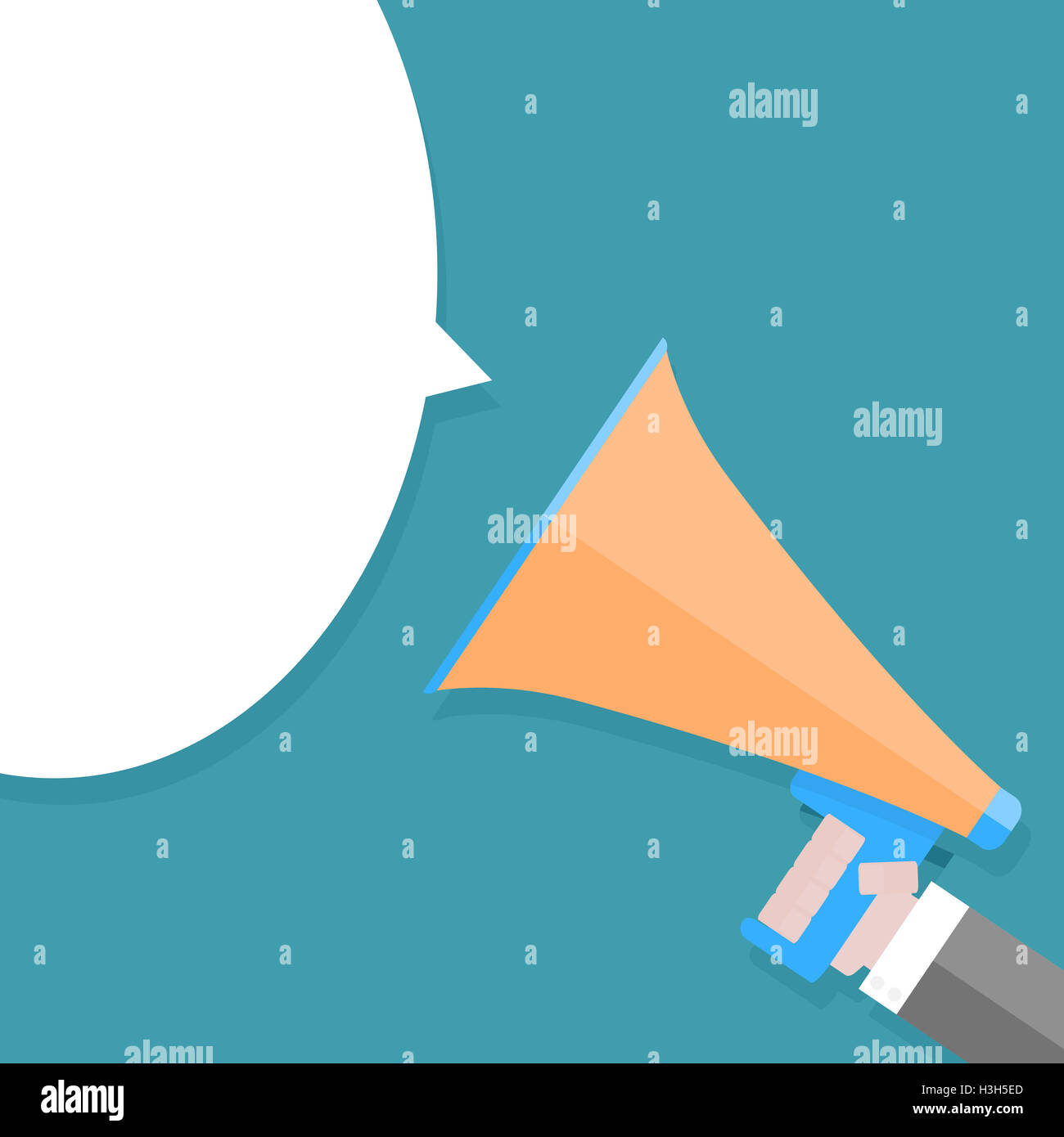 Megafono in mano e discorso bolla. Altoparlante e annuncio, megafone e comunicazione. Illustrazione Vettoriale Foto Stock