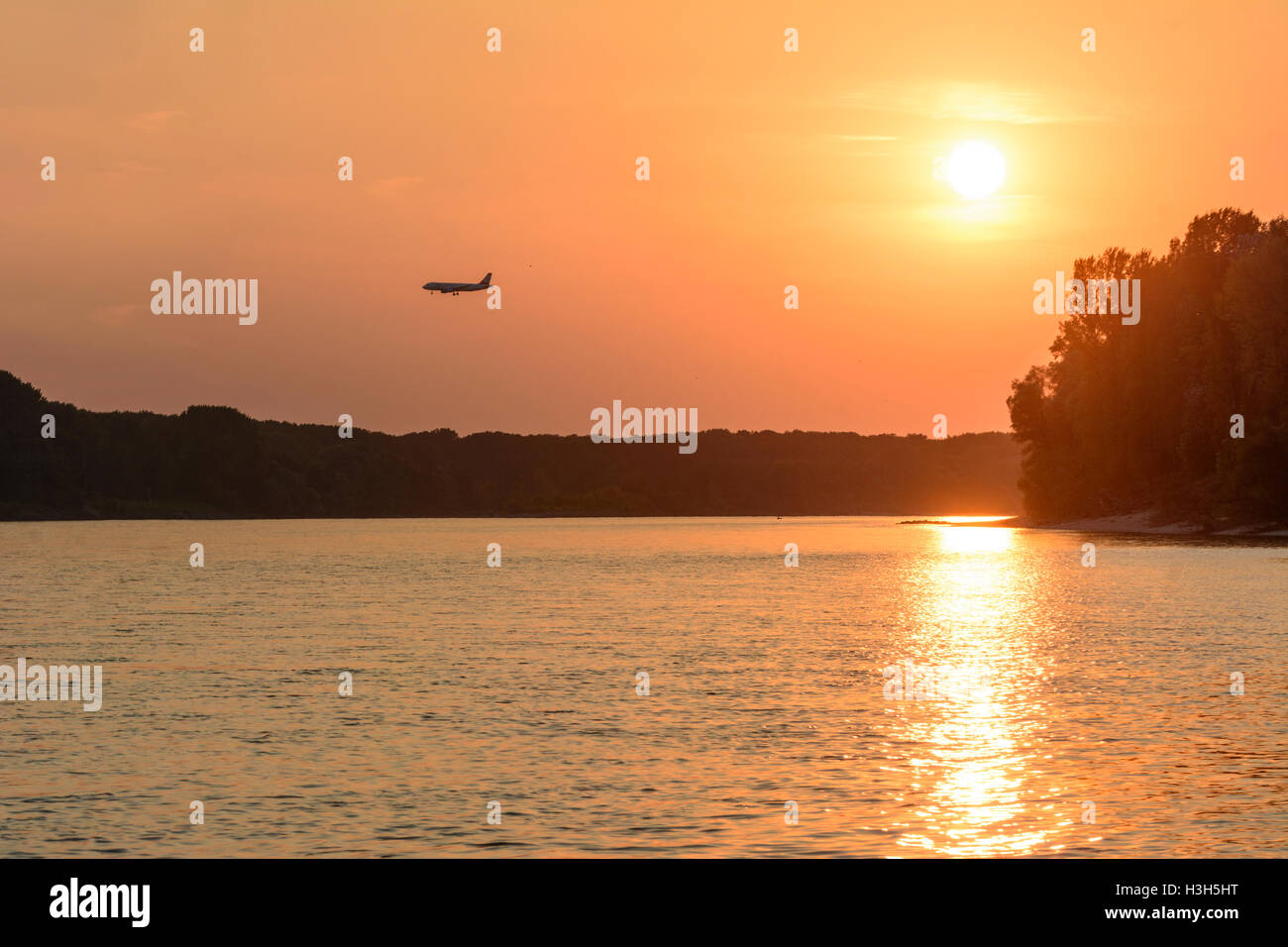 Nationalpark Donauauen, Danube-Auen Parco Nazionale: piano di aeromobili oltre il fiume Danubio al momento dello sbarco in aeroporto di Vienna Donau, Niederö Foto Stock