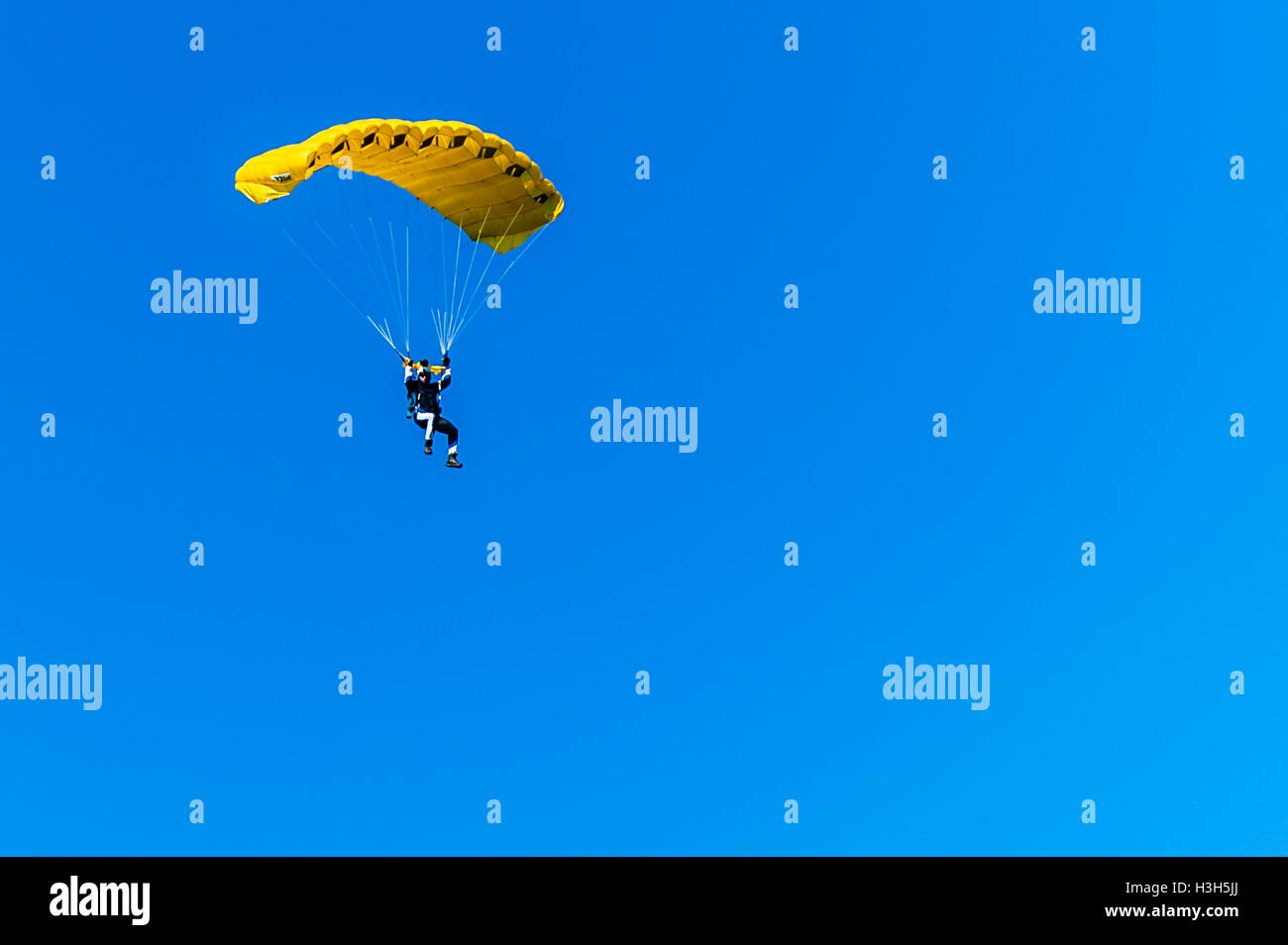 Skydiver atterra all'Irish Parachute Club nella contea di Offaly, in Irlanda, dopo un salto da 13.000 metri. Foto Stock