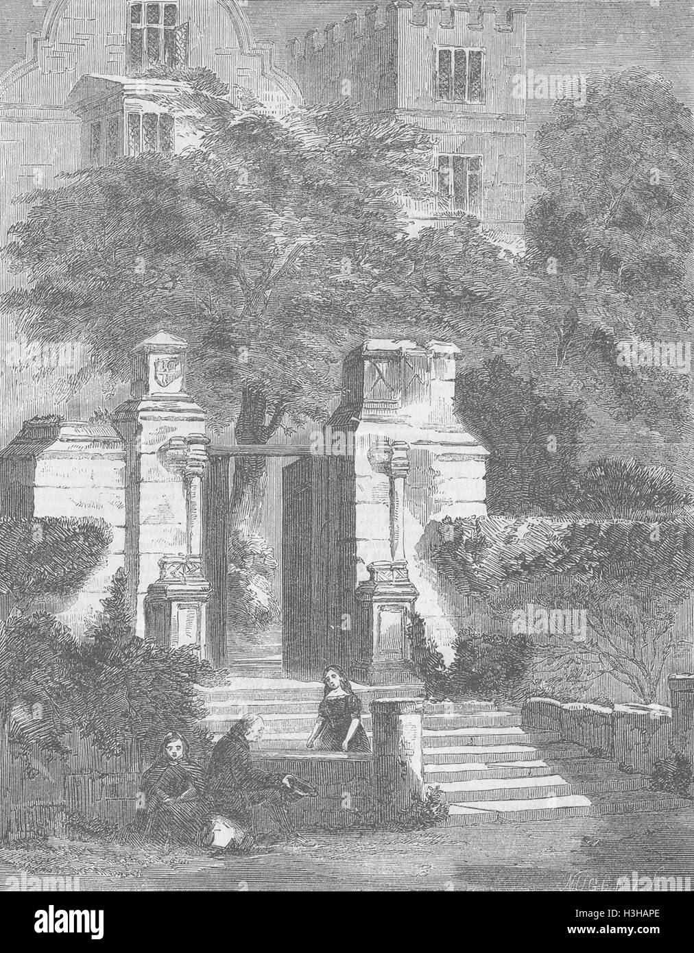 FOUNTAINS HALL porta, fontane, Abbazia, Yorks 1858. Illustrato News del mondo Foto Stock