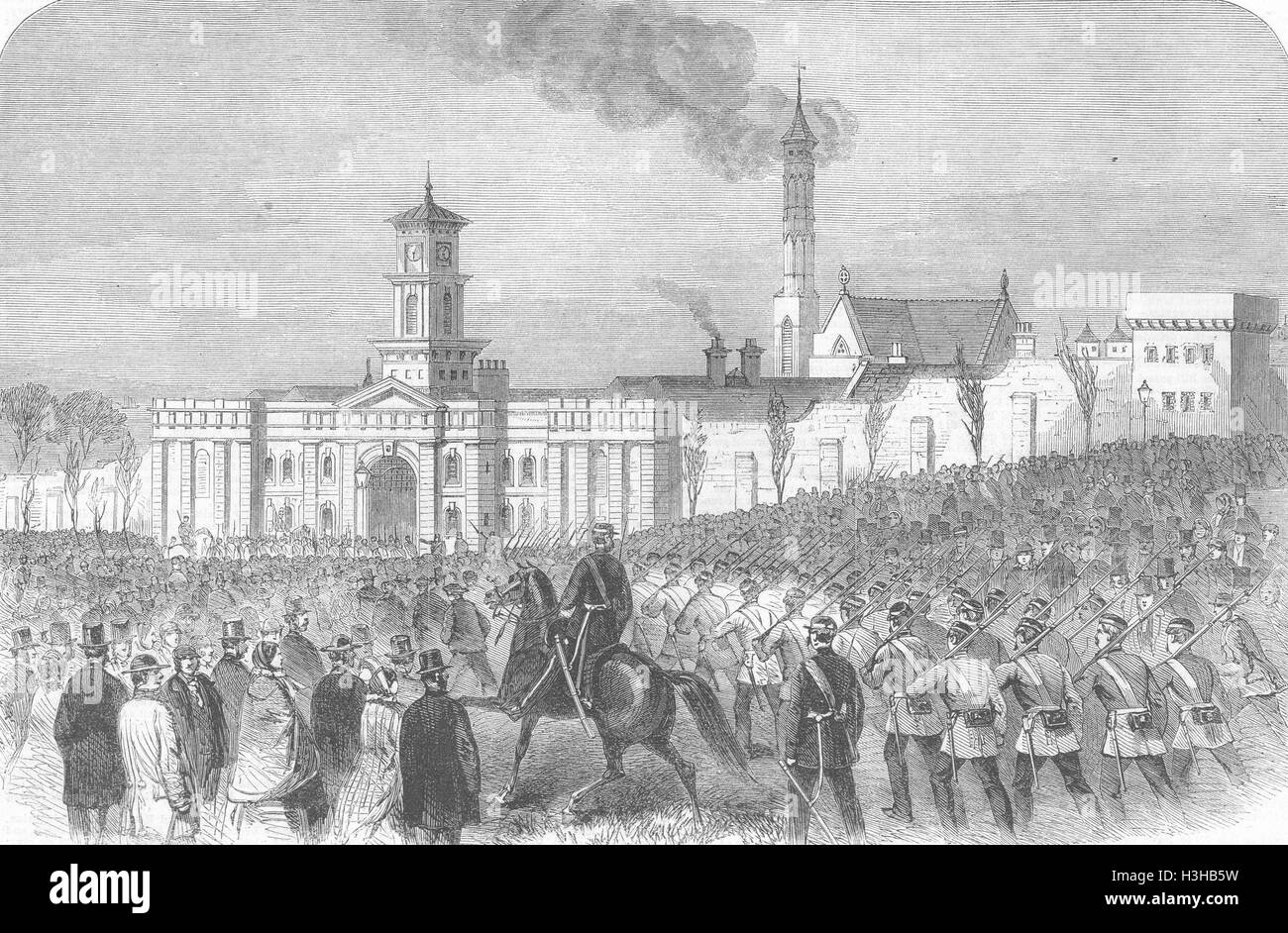 CHATHAM sommossa, St Mary prigione arrivando truppe 1861. Illustrated London News Foto Stock