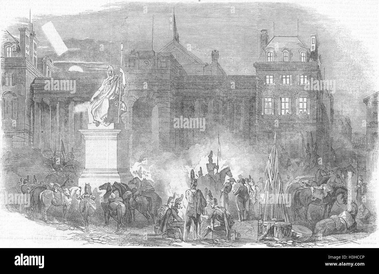 Francia Accampamento notturno delle truppe, hall Parigi 1848. Illustrated London News Foto Stock