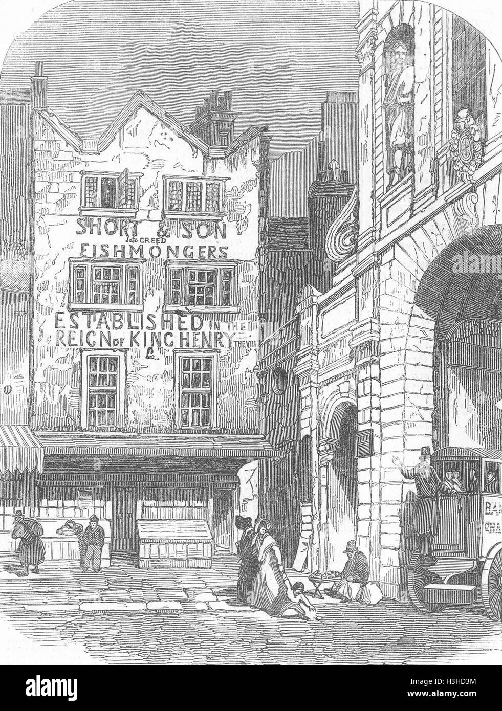 Pesce pesce vecchio shop, Temple Bar 1846. Illustrated London News Foto Stock