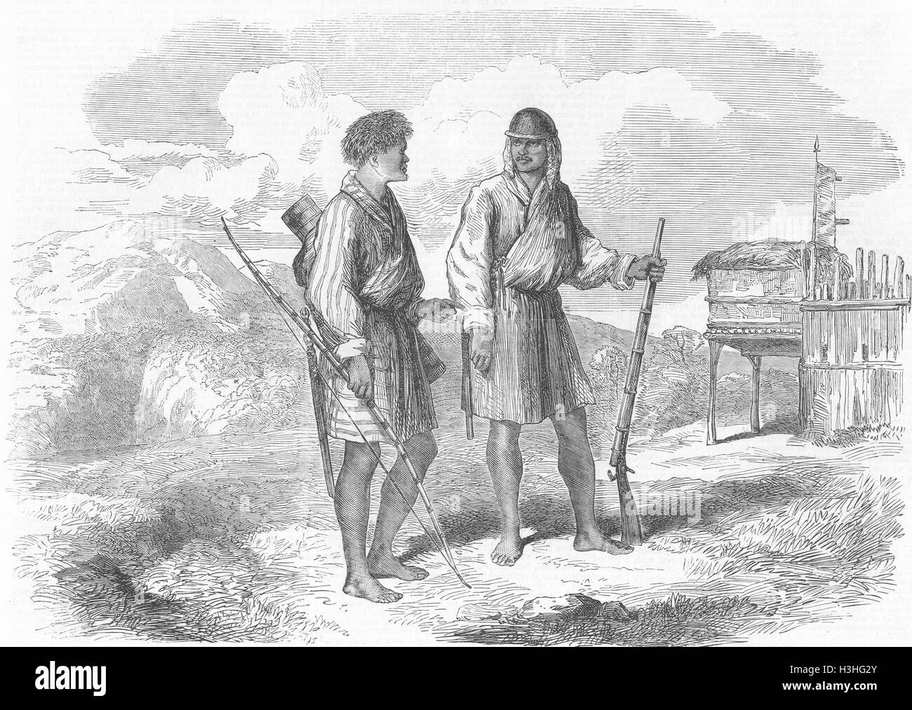 Il Bhutan armati guerra abitante & soldato regolare del Bhutan 1865. Illustrated London News Foto Stock