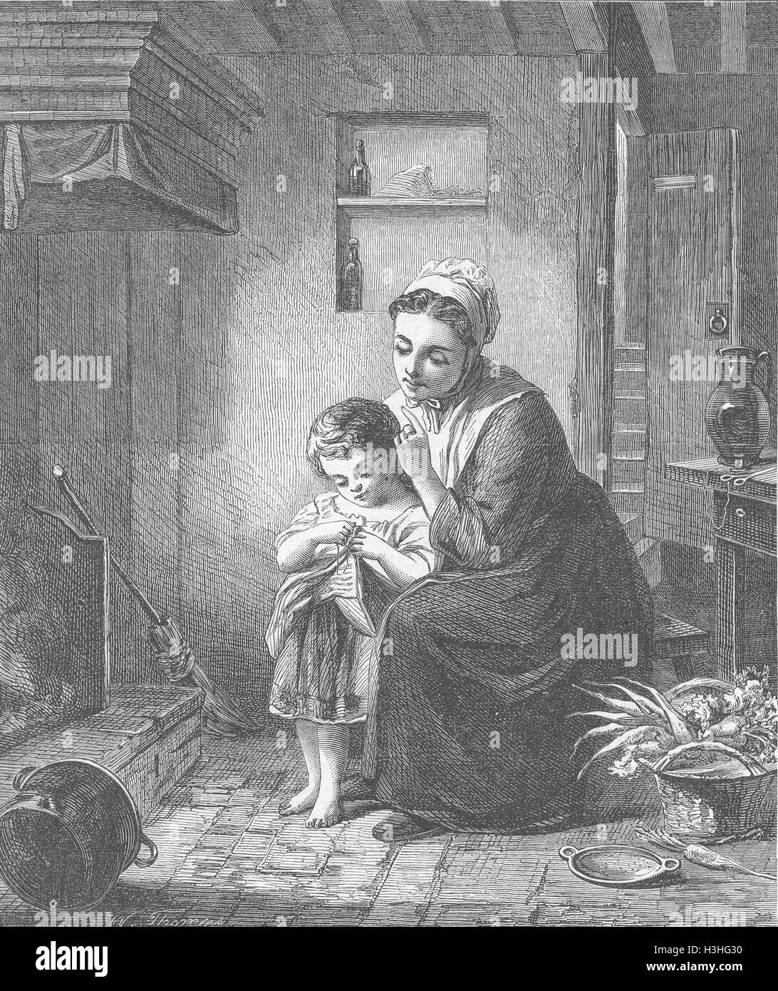 I BAMBINI A Stitch in Time salva nove 1865. Illustrated London News Foto Stock