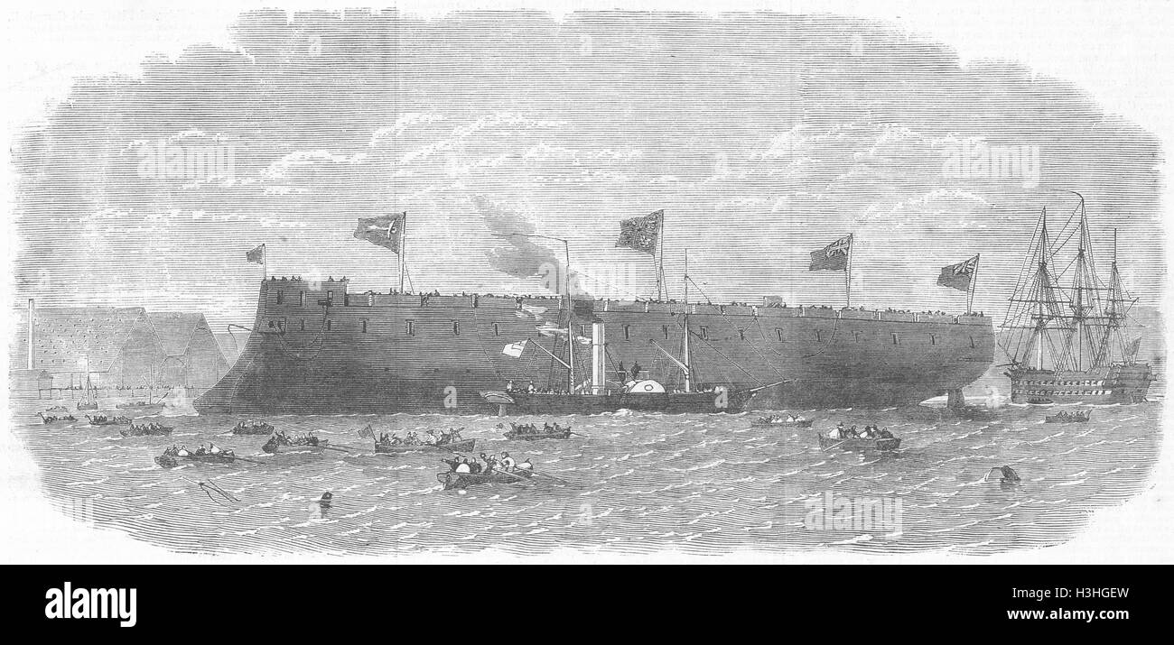 Galles Signore HMS Clyde corazzata lancio, Pembroke Dock 1864. Illustrated London News Foto Stock
