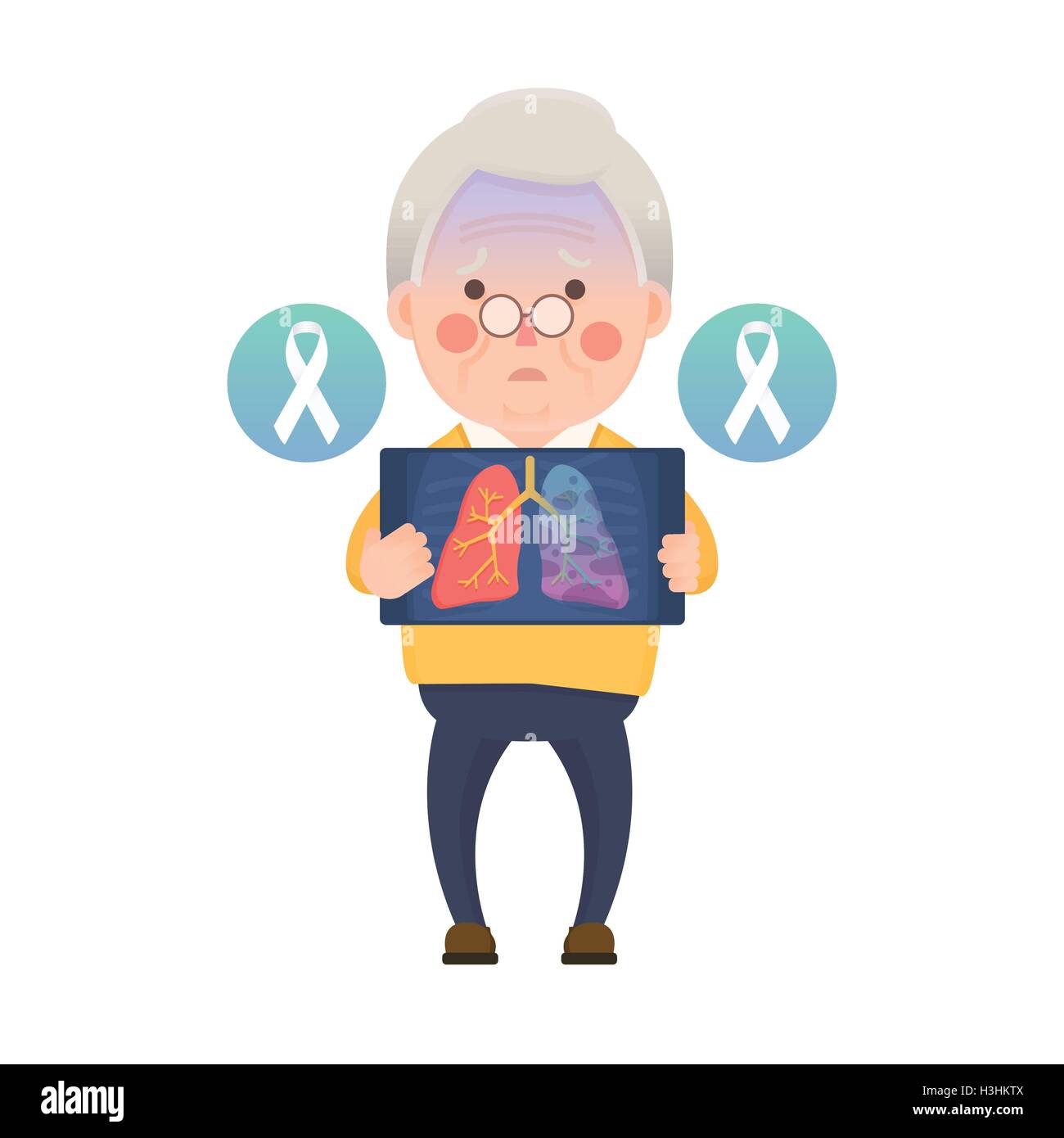 Illustrazione Vettoriale di Vecchio Uomo Azienda immagine a raggi X che mostra il cancro del polmone problema, White Ribbon di sensibilizzazione, personaggio dei cartoni animati Illustrazione Vettoriale