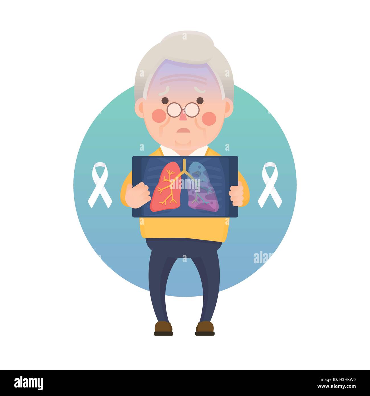 Illustrazione Vettoriale di Vecchio Uomo Azienda immagine a raggi X che mostra il cancro del polmone problema, White Ribbon di sensibilizzazione, personaggio dei cartoni animati Illustrazione Vettoriale