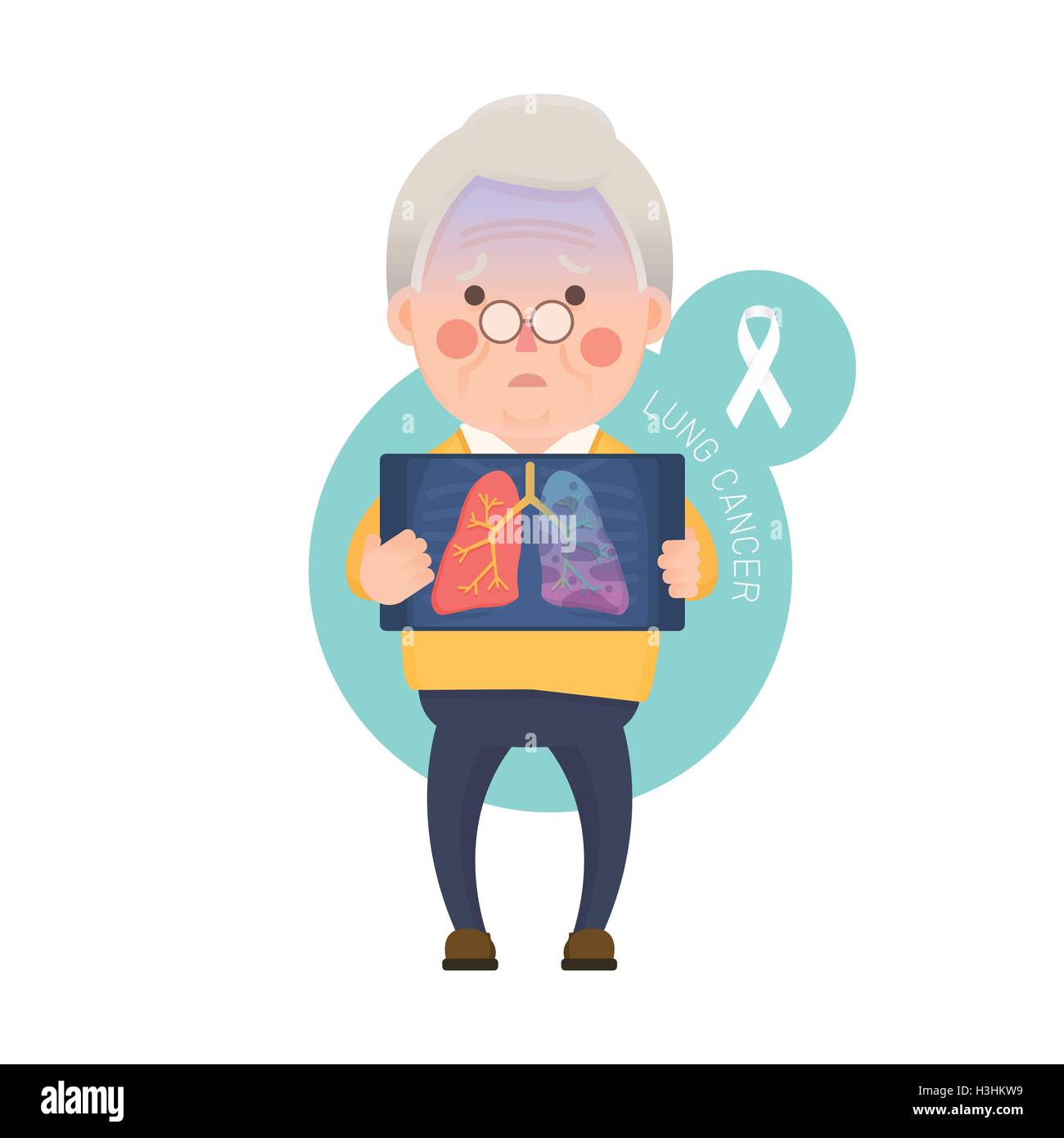 Illustrazione Vettoriale di Vecchio Uomo Azienda immagine a raggi X che mostra il cancro del polmone problema, White Ribbon di sensibilizzazione, personaggio dei cartoni animati Illustrazione Vettoriale