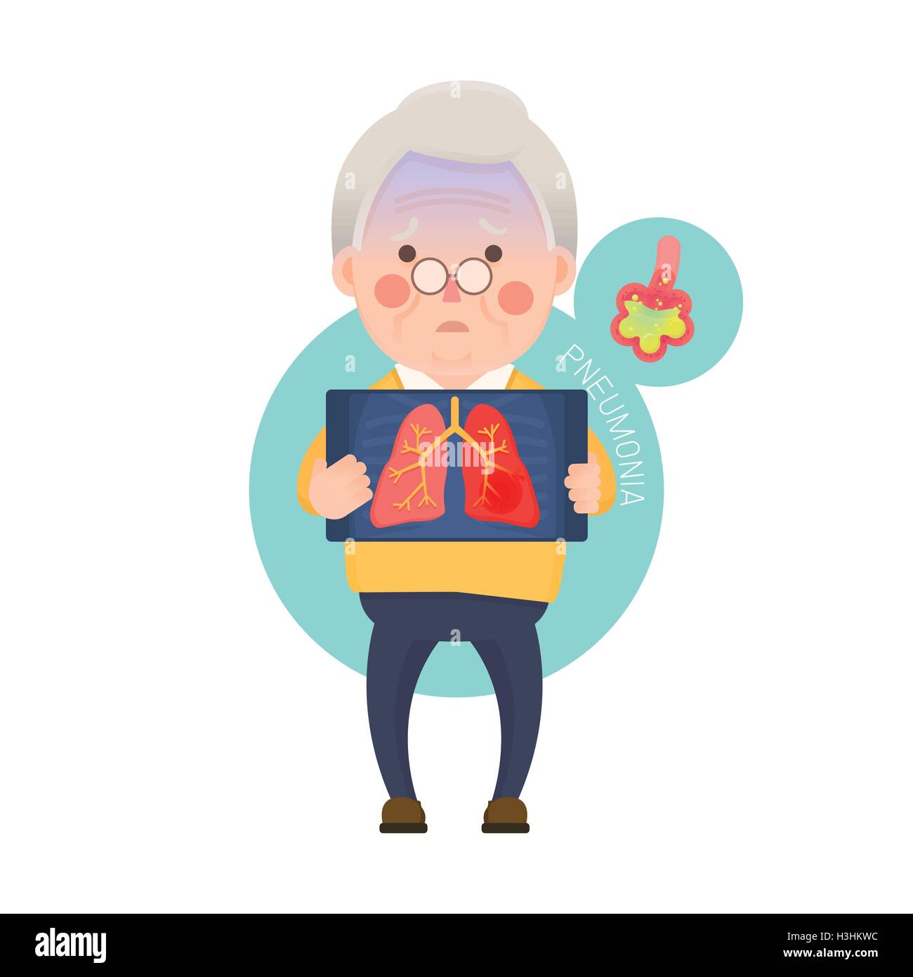 Illustrazione Vettoriale di Vecchio Uomo Azienda immagine a raggi X che mostra del polmone polmonite problema, personaggio dei cartoni animati Illustrazione Vettoriale