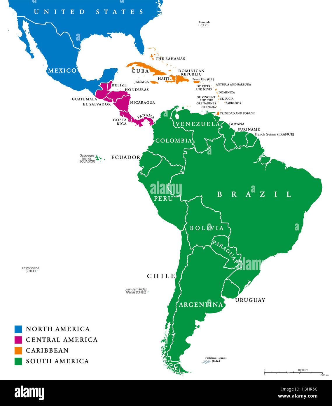 America Latina regioni mappa politico. Le subregioni dei Caraibi, Nord, America Centrale e Sud America in diversi colori. Foto Stock