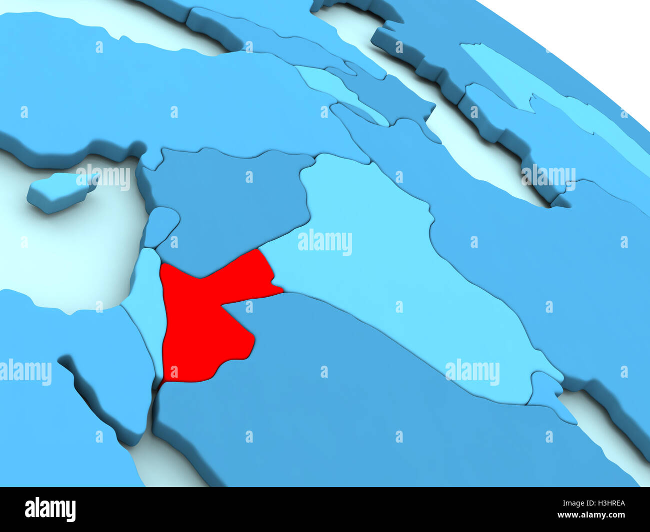 3D illustrazione della Giordania evidenziati in colore rosso sul globo blu Foto Stock