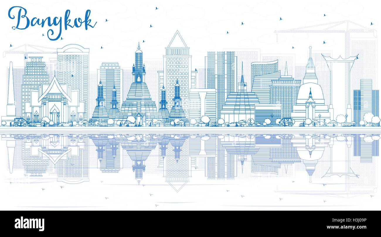 Profilo dello Skyline di Bangkok con punti di riferimento Blu e riflessi. Illustrazione Vettoriale. Viaggi di affari e turismo Concept Illustrazione Vettoriale