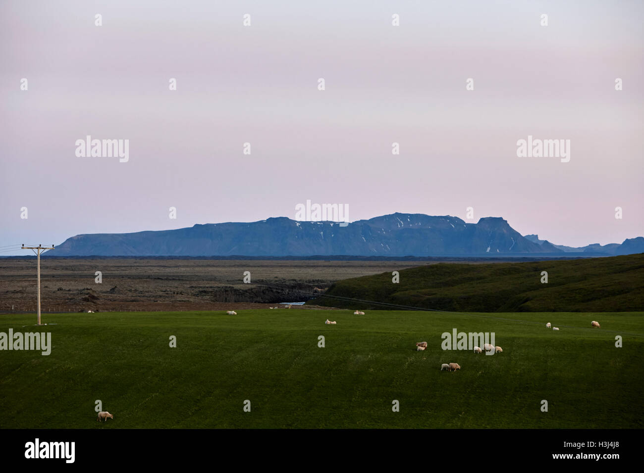 Twilight a mezzanotte oltre la gamma della montagna e terreni agricoli sud dell'Islanda Foto Stock
