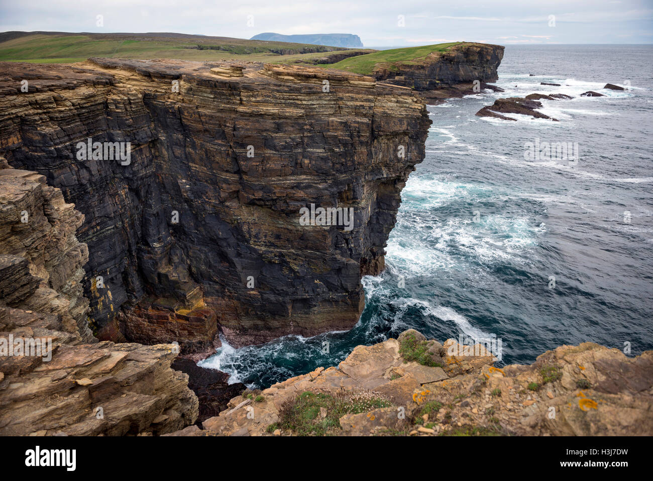Le scogliere di Yesnaby sulla terraferma e Isole Orcadi Scozia, Regno Unito Foto Stock