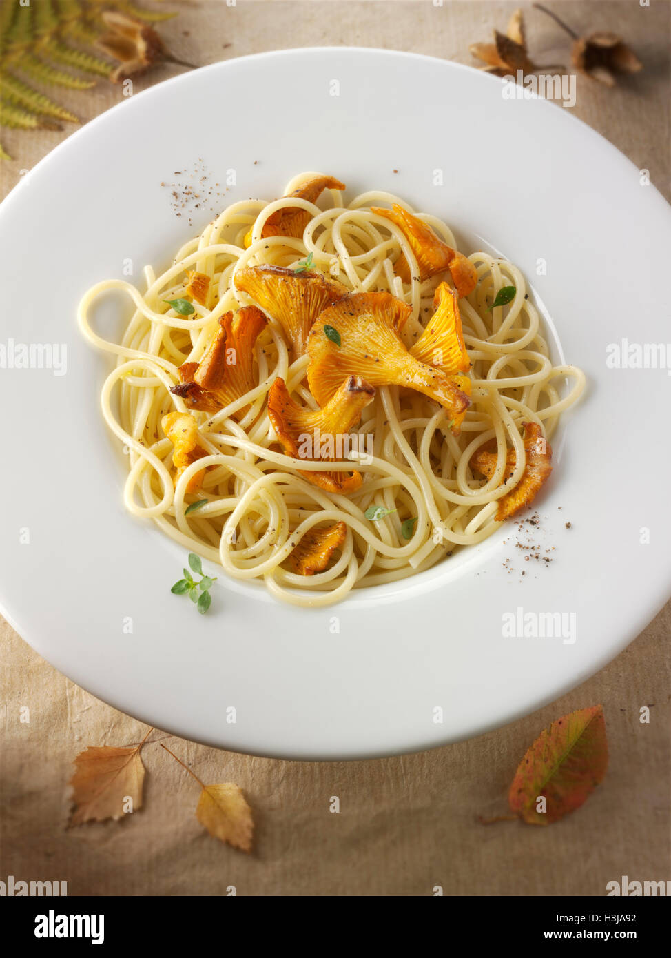 Wiild chanterelle organico o girolle funghi (Cantharellus cibarius) o saltate in burro e hebs con spaghetti Foto Stock