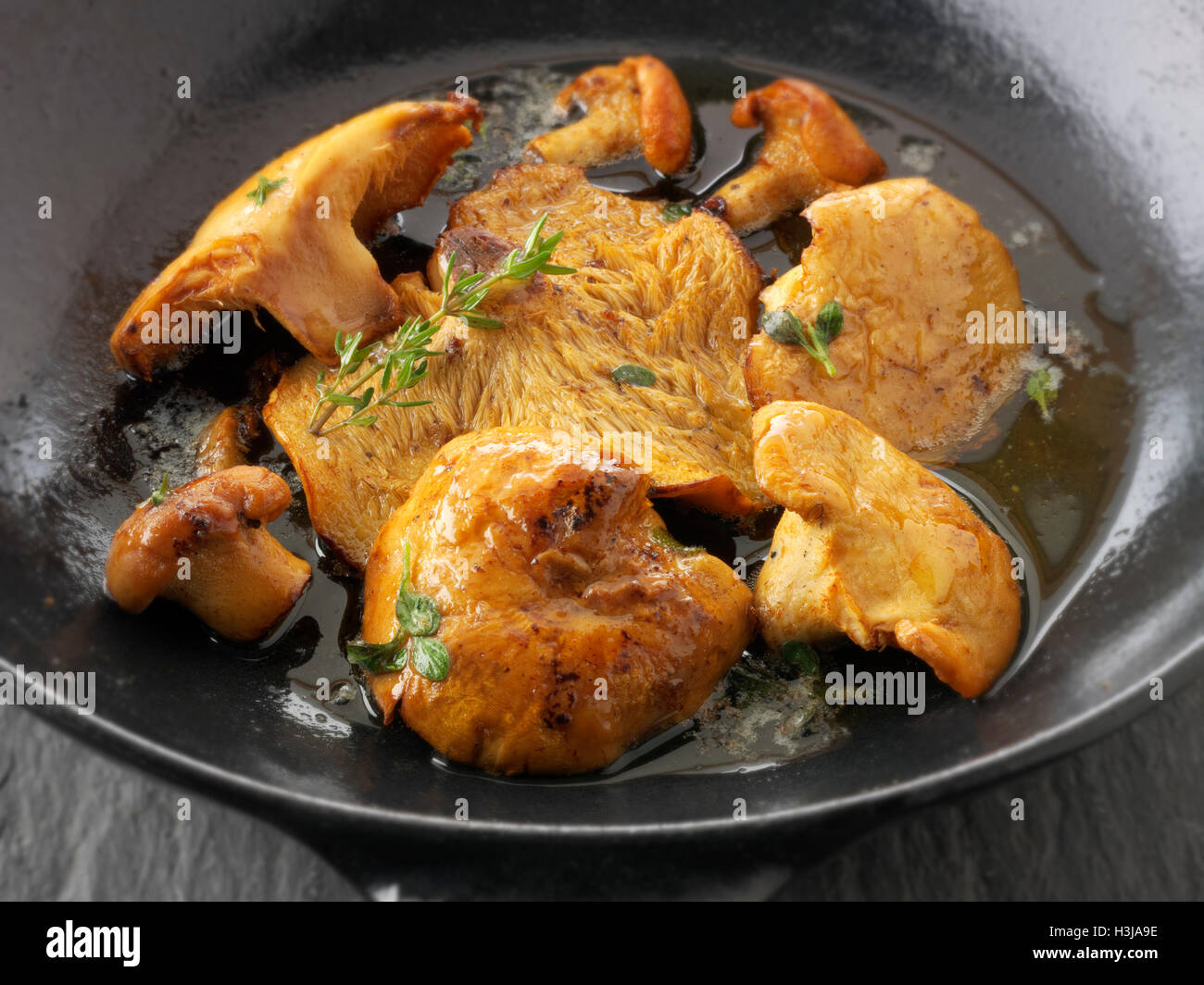 Cotti organico wiild farina di semola rimacinata (hydnum repandum) o funghi hedgehog cotte nel burro e le erbe aromatiche Foto Stock