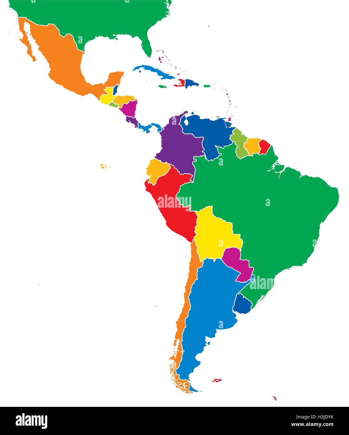 America Latina singola mappa degli stati. Tutti i paesi in diverse piena di colori intensi e con i confini nazionali. Vettore. Illustrazione Vettoriale