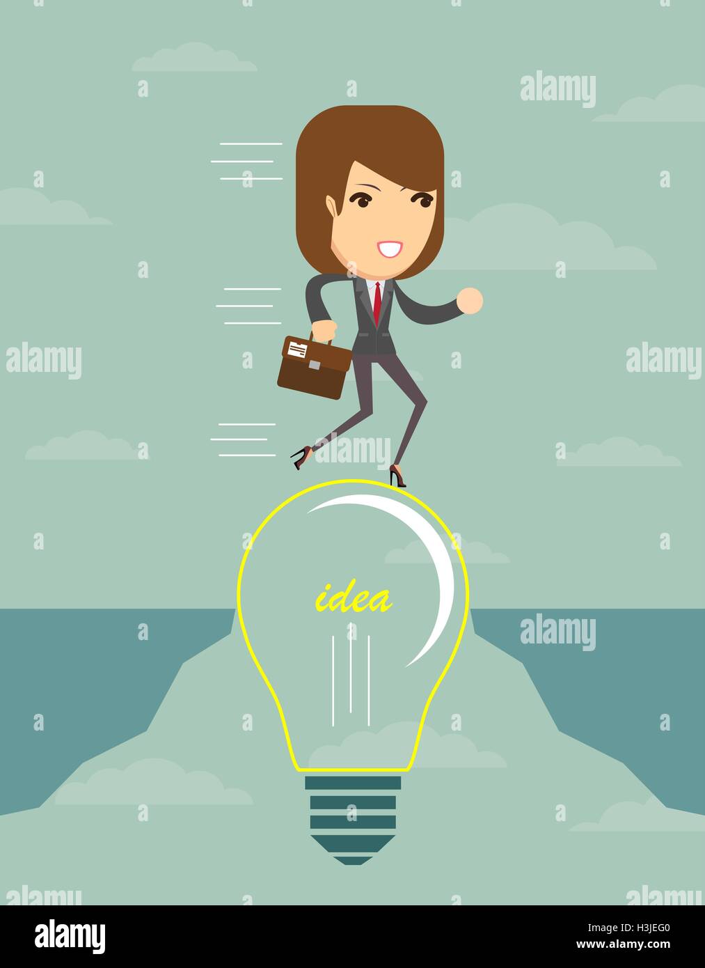 Imprenditrice su una lampadina elettrica attraversare un abisso. Illustrazione Vettoriale