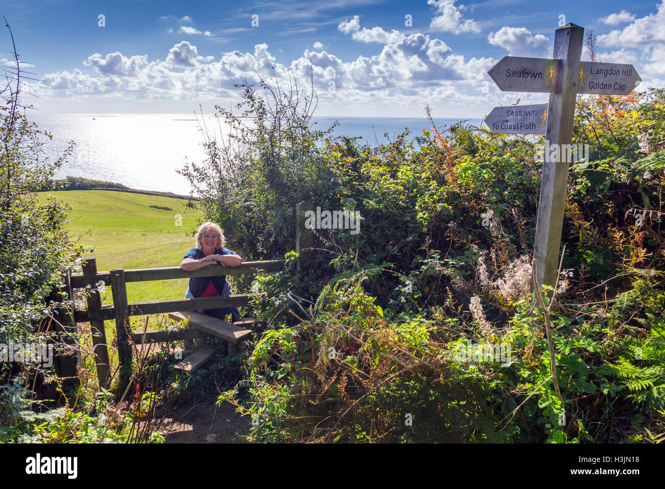 Il sentiero per il Golden Cap in corrispondenza del bordo di Langdon boschi sopra Seatown, Dorset, England, Regno Unito Foto Stock