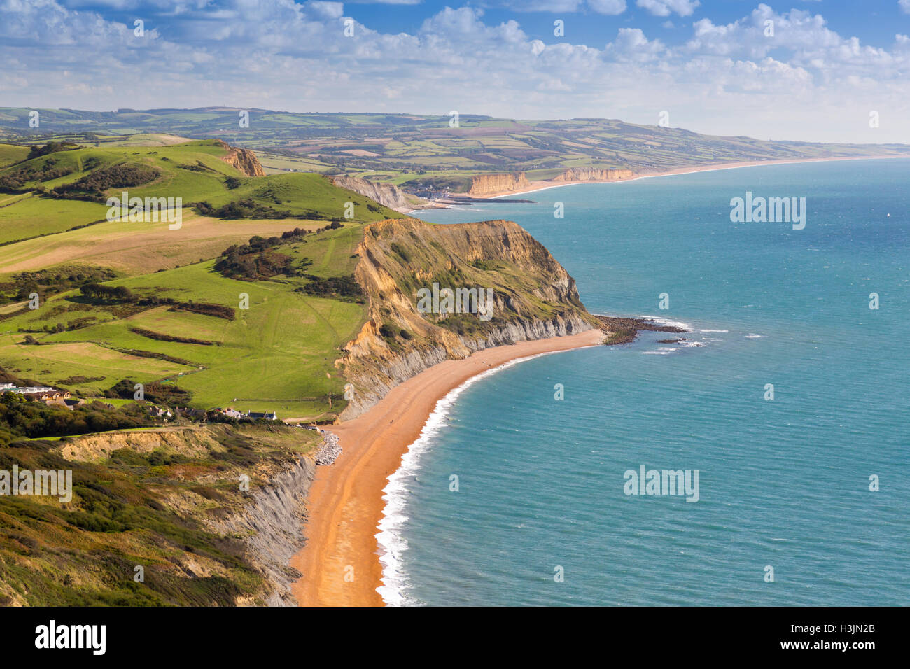 Guardando ad est dal vertice del Golden Cap verso Oriente Ebb e Ridge scogliera sulla Jurassic Coast, Dorset, England, Regno Unito Foto Stock
