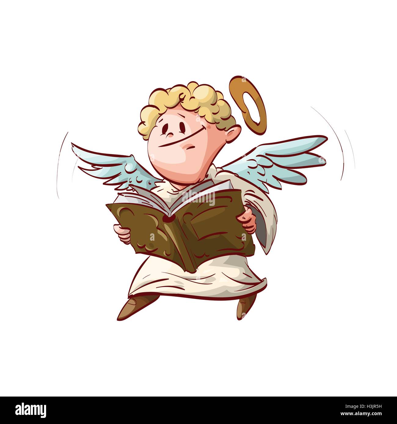 Colorata illustrazione vettoriale di un Cartoon carino angel, la detenzione e la lettura di un libro. Illustrazione Vettoriale