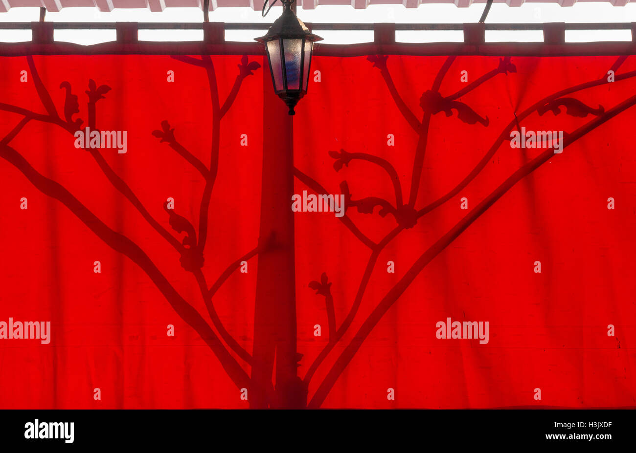 Rosso brillante tenda parasole in background retroilluminati da luce solare. Foto Stock