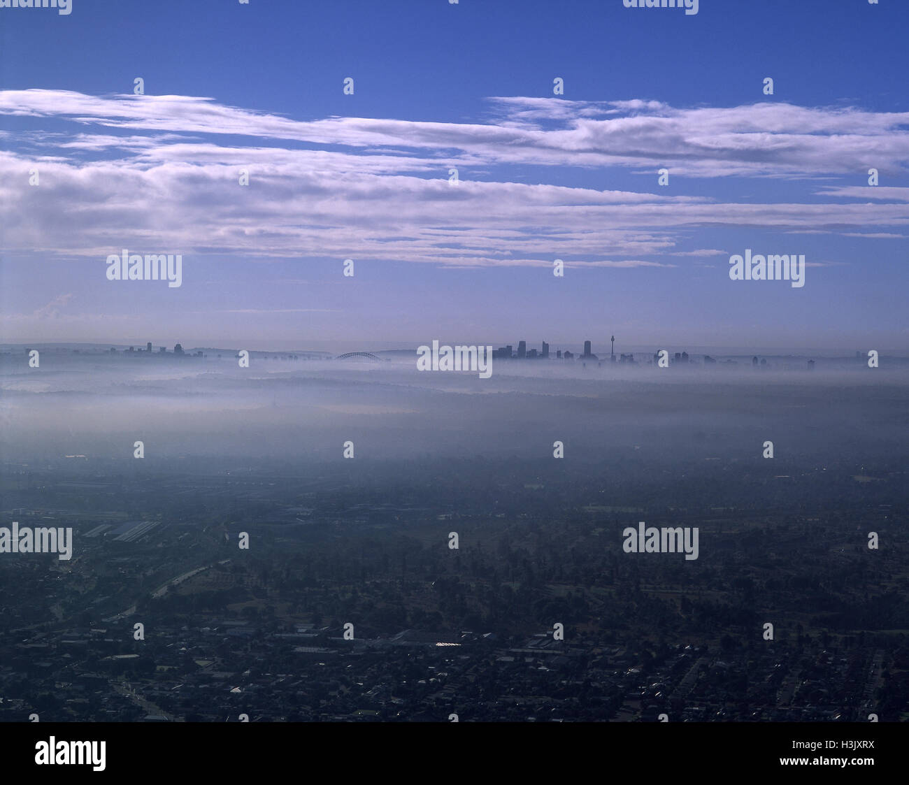 Lo smog avvolgente di Sydney. Foto Stock