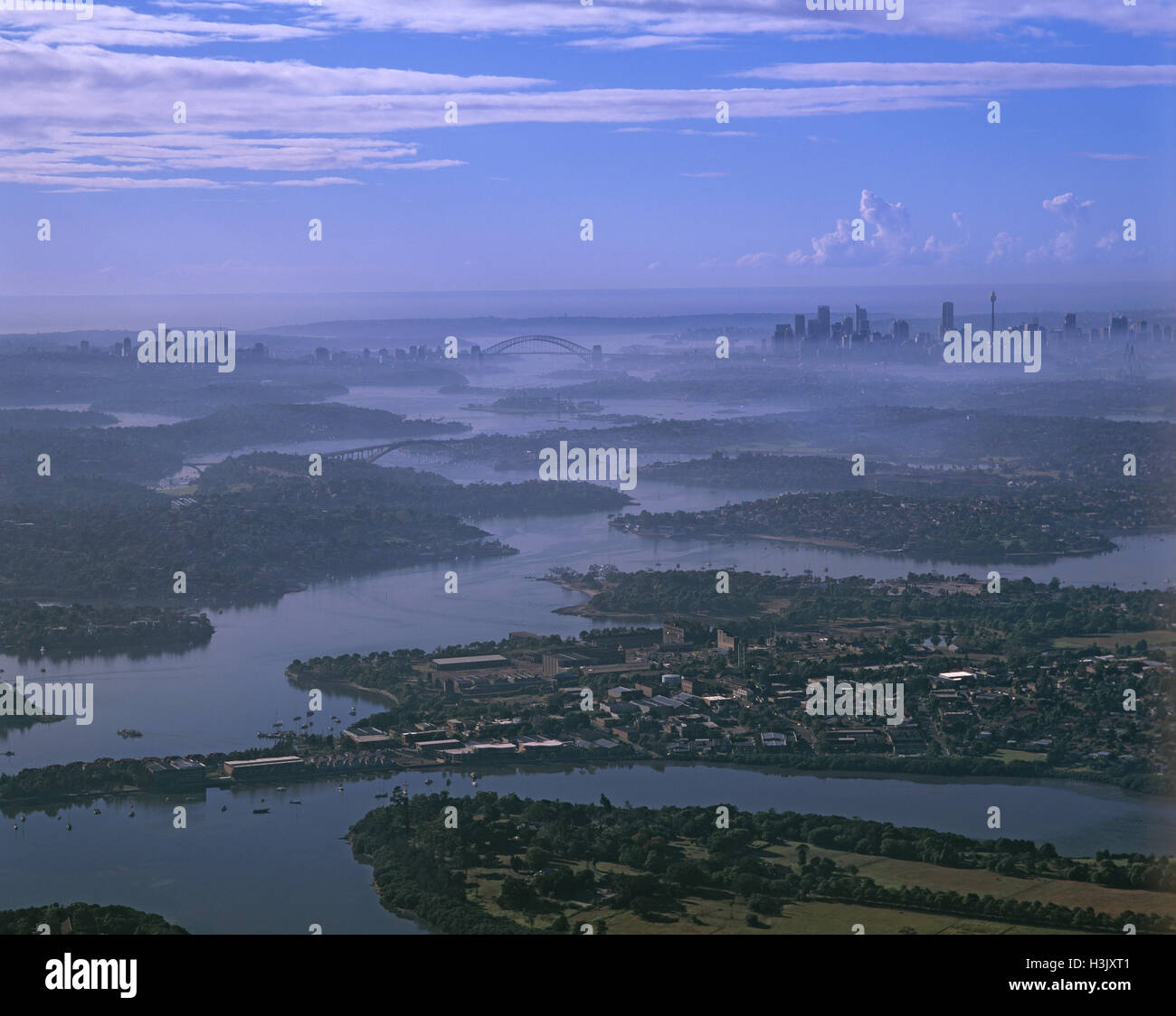 Lo smog avvolgente di Sydney. Foto Stock