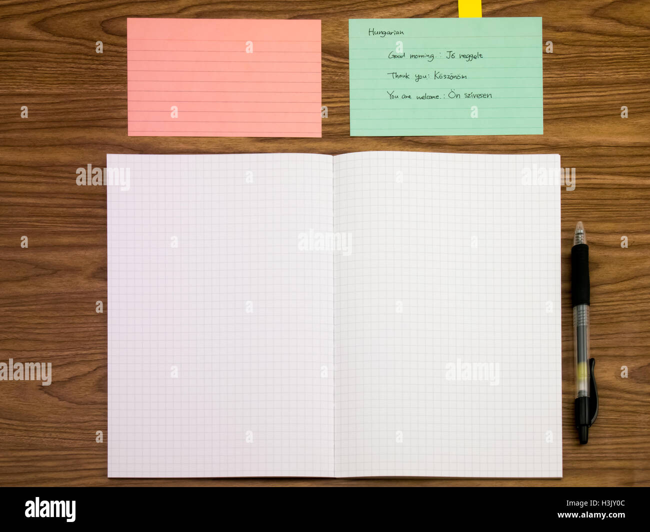 Ungherese; imparare una nuova lingua scrittura di parole sul notebook Foto Stock