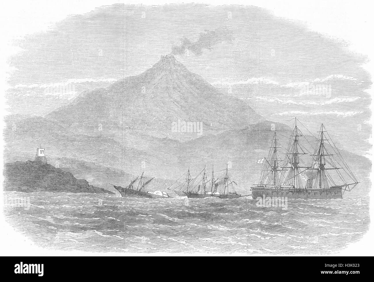 Italia HMS Caledonia nave di rimorchio, rocce, Sicilia 1871. Illustrated London News Foto Stock