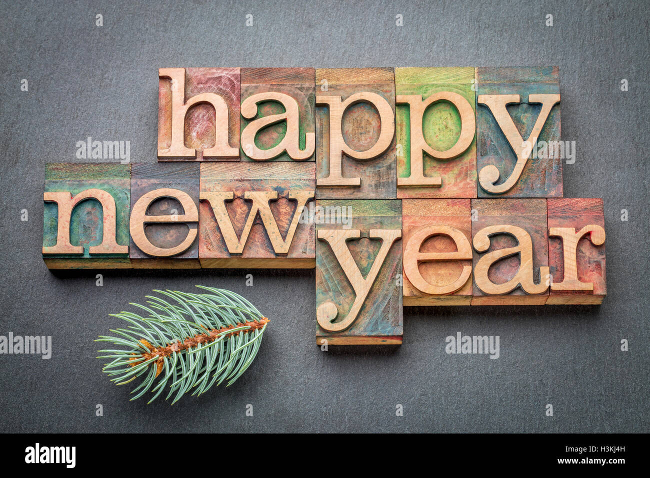 Felice anno nuovo - testo in tipografia tipo legno blocchi su una pietra ardesia sfondo con un ramo del Colorado silver spruce Foto Stock
