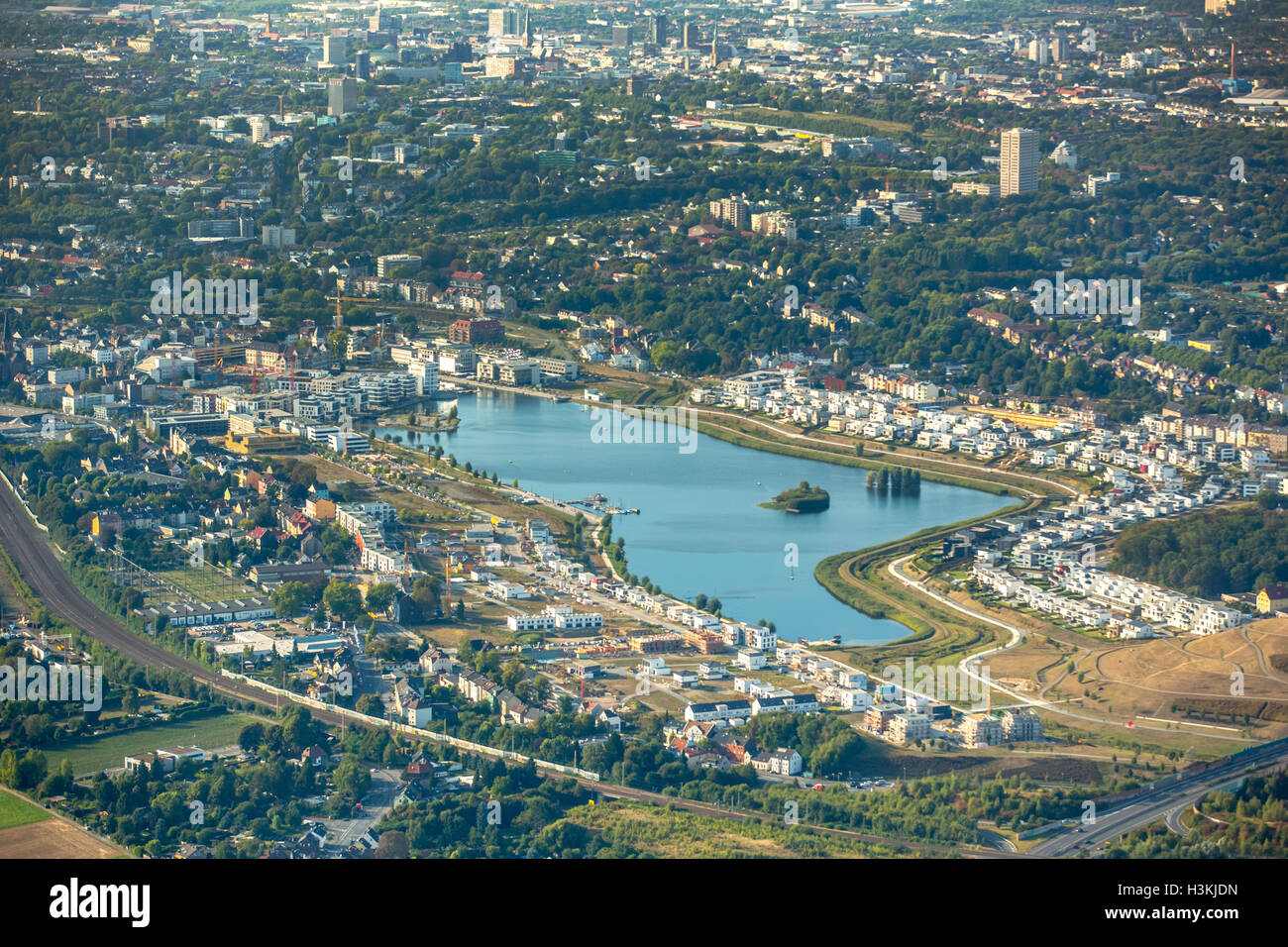 Fotografia aerea, PHOENIX lago di Dortmund, Emscher, ex ferriere ubicazione, il cambiamento strutturale, Dortmund, la zona della Ruhr, Foto Stock