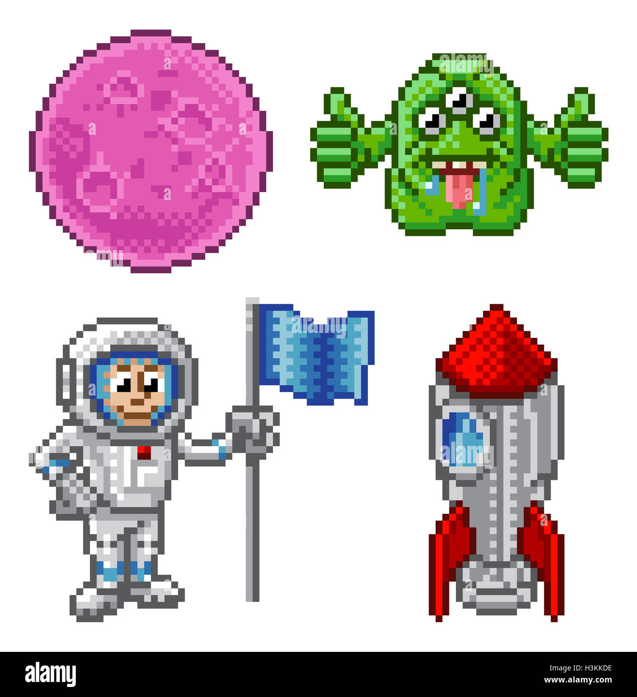 Pixel Art cartoon graphic spazio impostata con alien, planet astronauta e rucola Foto Stock