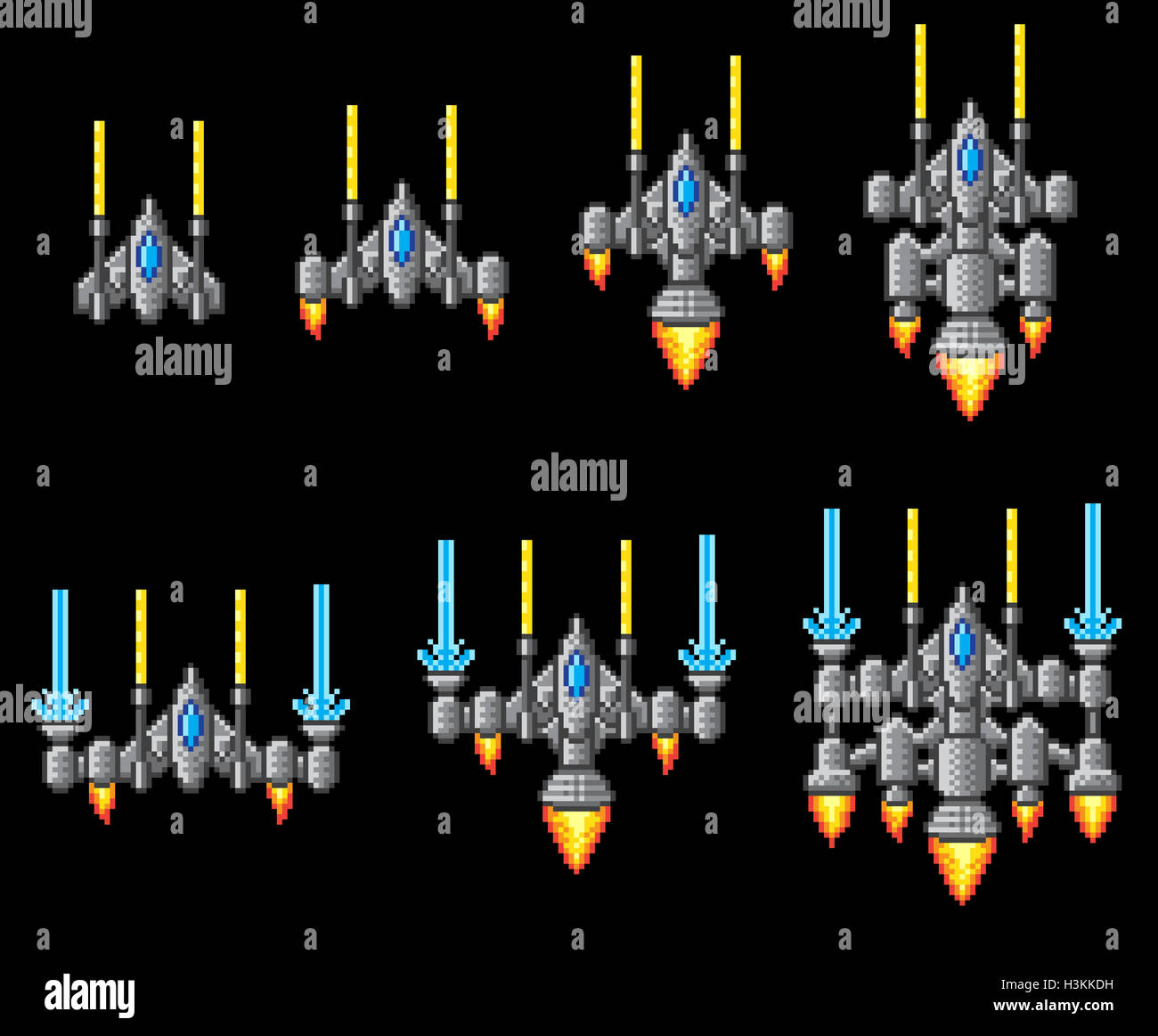 Pixel Art video arcade game astronave set grafici con nave venga aggiornato o acceso Foto Stock