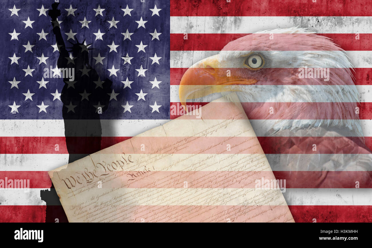 Bandiera americana con simboli patriottica degli Stati Uniti d'America Foto Stock