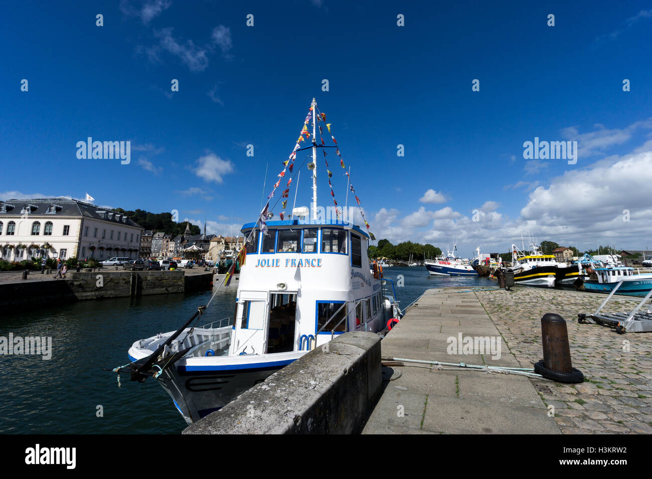 "Jolie Francia " tourist imbarcazione da diporto che offre gite in barca alla foce della Senna a Honfleur, Normandia, Francia Foto Stock